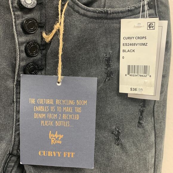 New Indigo Rein Juniors Size 0 Curvy High Rise Crop Distress Recycle Denim Jeans - Picture 2 of 6
